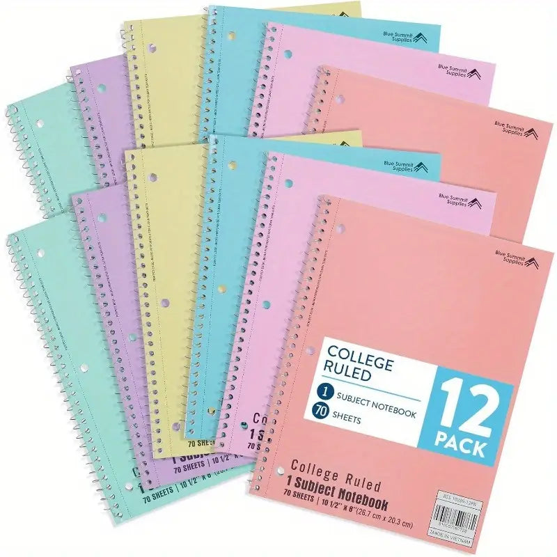 12 Pack Blue Summit Pastel Spiral Notebooks - College Ruled 8, 5x10, 5 Inch Spiral Perforated